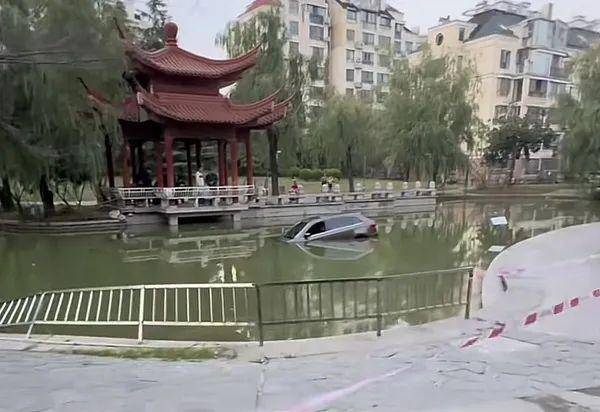 六旬阿姨小区内驾车冲进水里!落水后自行脱困,有人被撞到