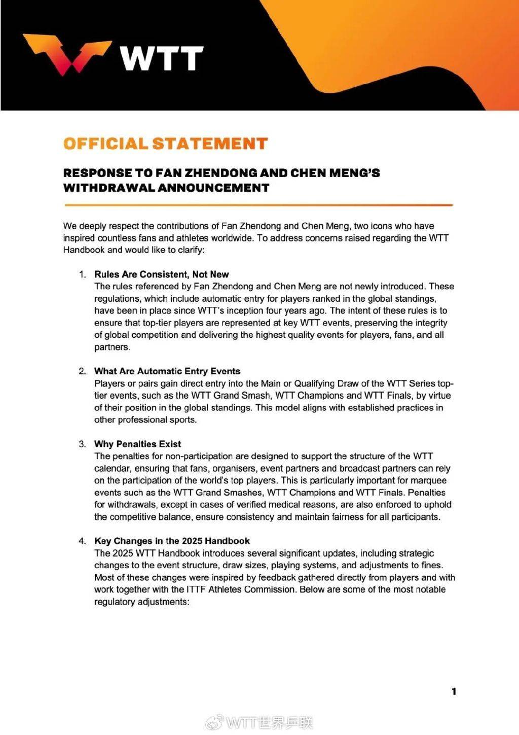 樊振东&amp;陈梦退出世界排名，WTT回应：始终将球员利益置于核心