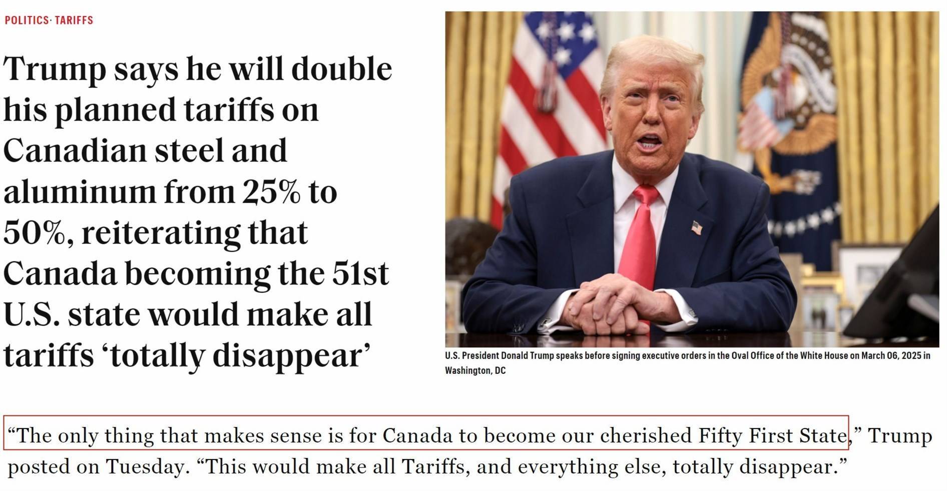 特朗普:成为“我们珍爱的第51个州”就没关税了