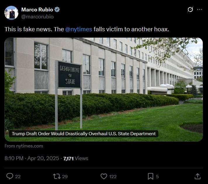 特朗普大刀砍向鲁比奥的国务院？“236年来最大重组之一”