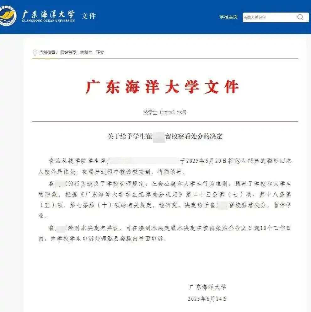 广东海洋大学通报“学生虐猫事件”：留校察看，暂停学业