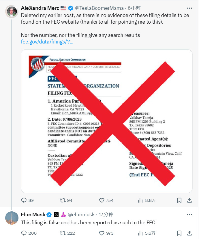 马斯克辟谣提交“美国党”注册文件，称“美国党”支持拥枪