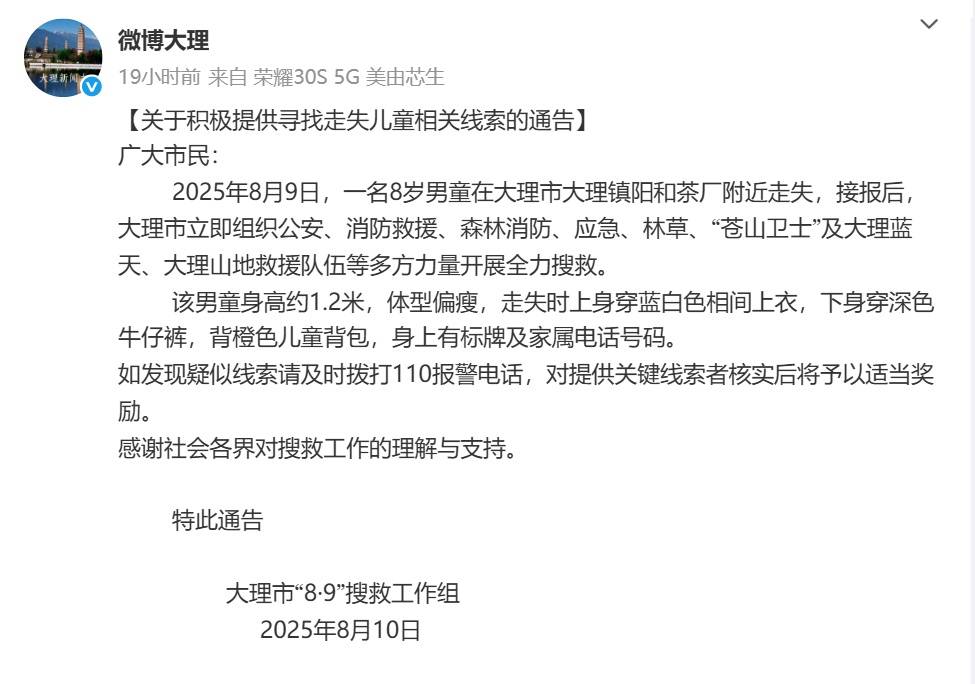 8岁自闭症男童在大理参加夏令营走失,当地教体局:将加强民办教育机构管理